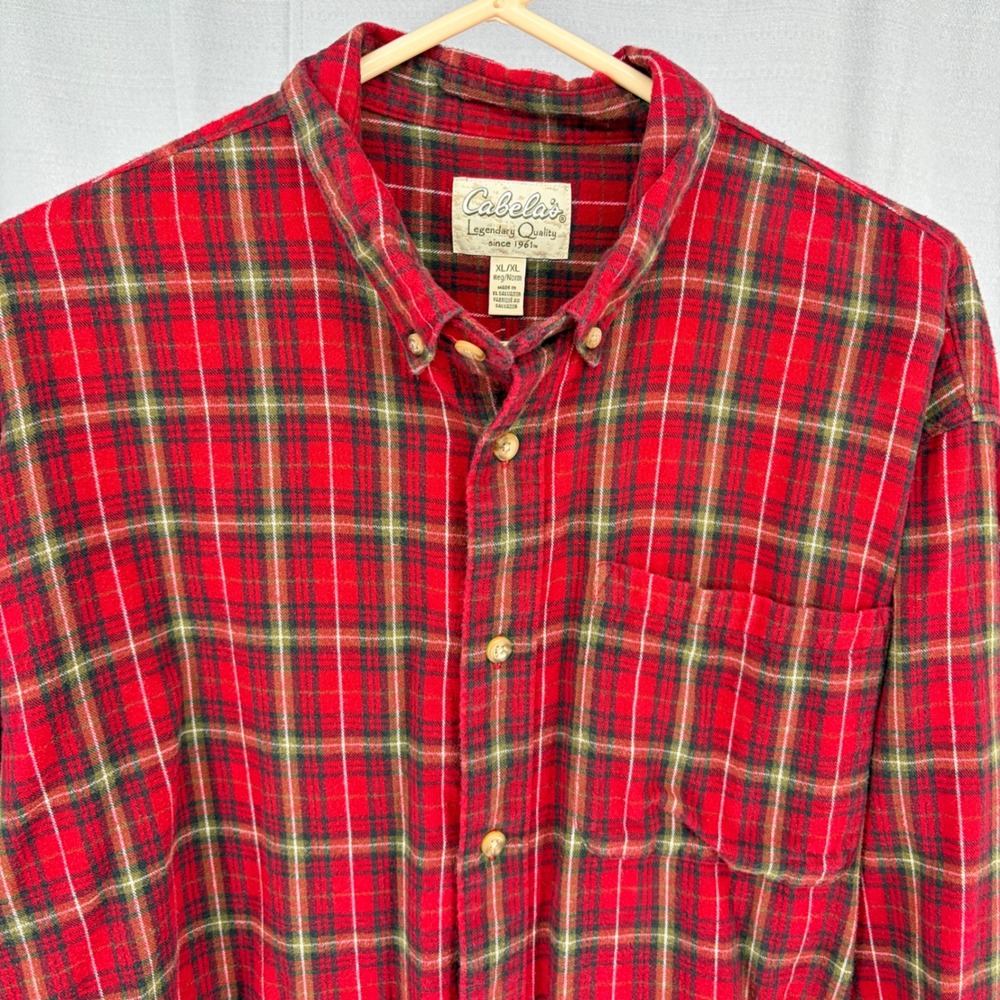 Cabelas Flannel Shirt XL Red Plaid Long Sleeve Button Down Cotton Outdoor